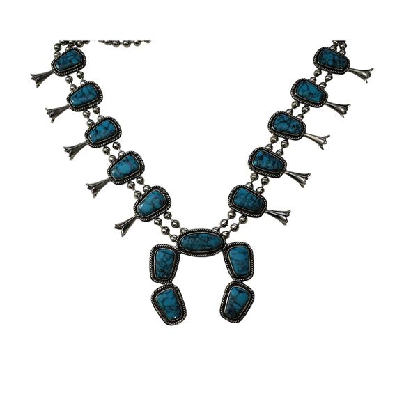 Vintage Squash Blossom 80s Goldette NY Native American Naja Large Faux Turquoise - Picture 2 of 9